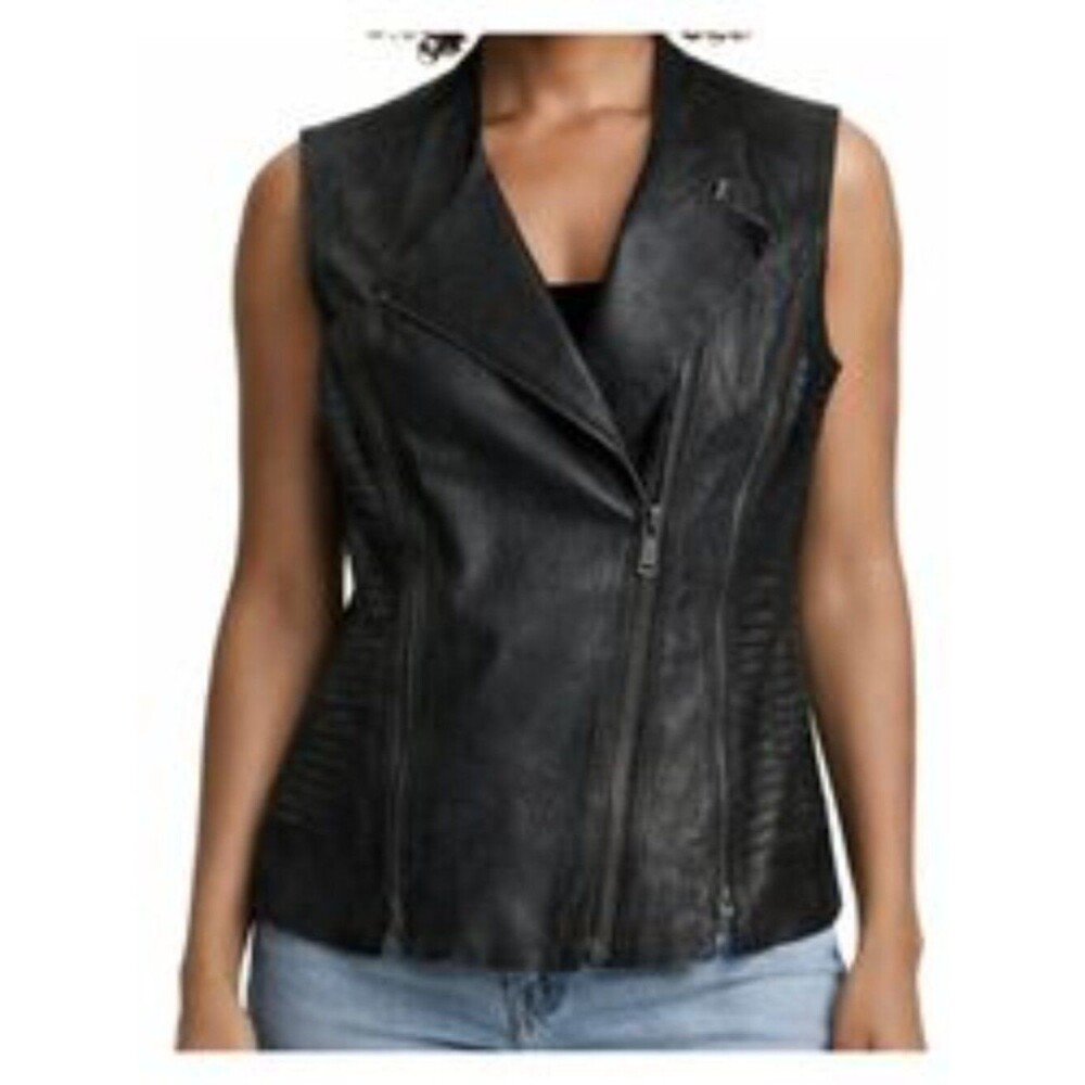 Elie Tahari Victoria Lamb Leather Multi Zip Moto Vest Black Size M